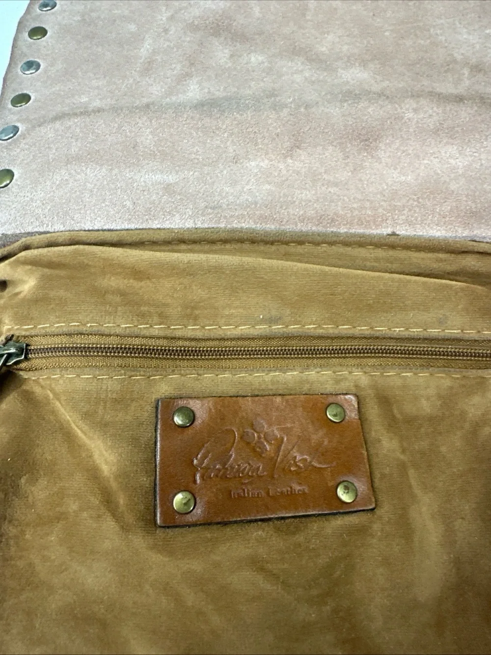 Patricia Nash  Studded Tan Leather  Flap Over Crossbody Handbag